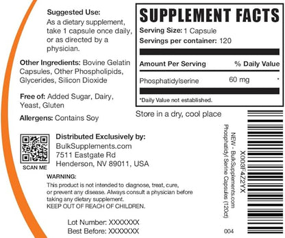 BulkSupplements.com Phosphatidylserine Capsules - Phosphatidylserine Supplement, Sourced from Soy - 60mg per Capsule, Gluten Free - 1 Capsule per Serving, 120 Capsules (Pack of 1)