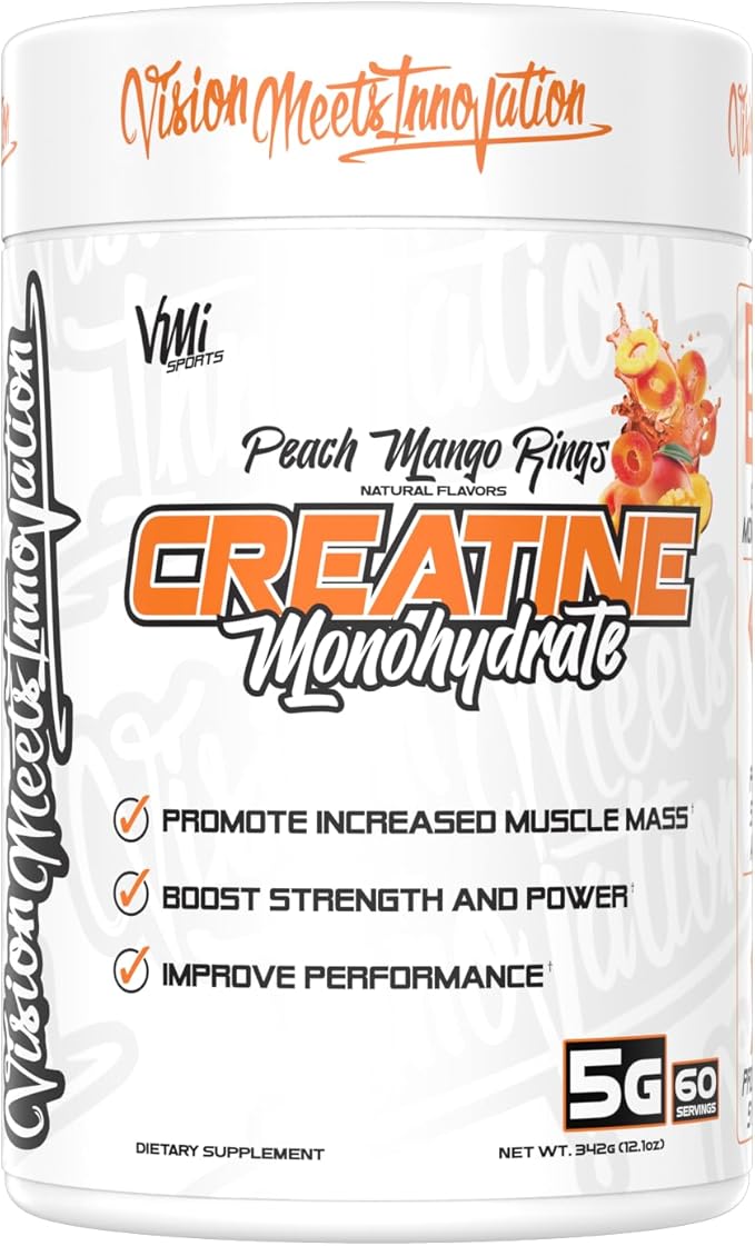 VMI Sports Creatine Monohydrate Powder Muscle Mass – Strength – Size – Power | 5 Grams per Serving (60 Servings, Peach Mango Rings)