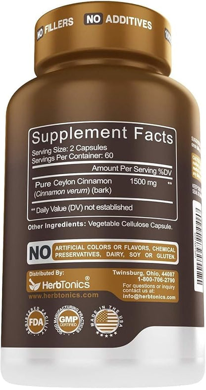 Herbtonics Pure Ceylon Cinnamon Capsules | Immune System, Healthy Weight Management | Non-GMO, Gluten Free | 1500 Mg - 120 Capsules