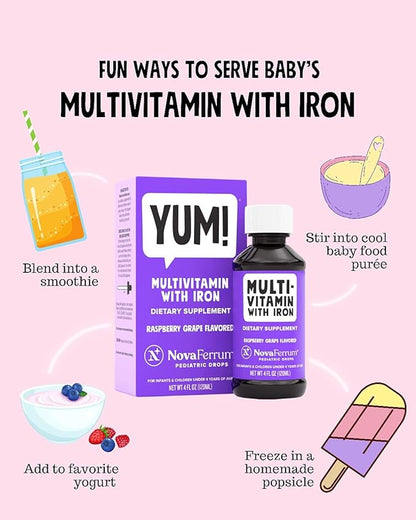 NovaFerrum Yum | Multivitamin with Iron for Infants, Toddlers & Kids | Immune Support | Ages 4 & Under | Gluten Free Certified | Sugar Free | Raspberry Grape | 120 Servings