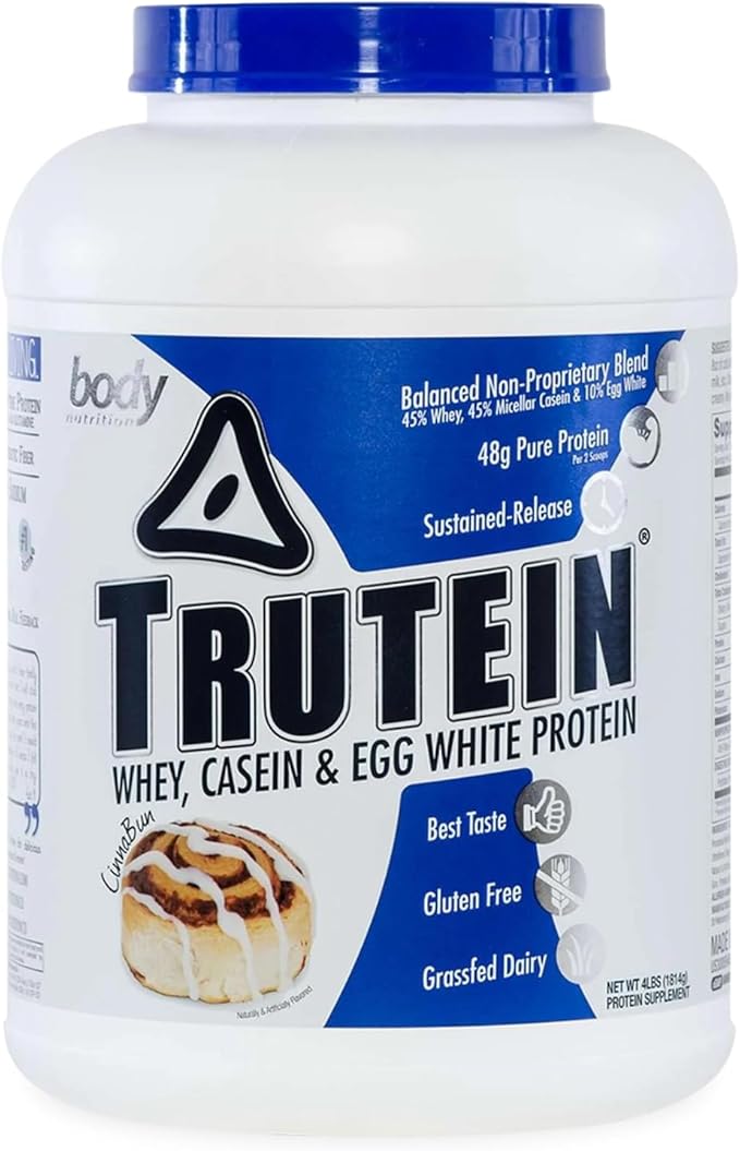 Body Nutrition Trutein High Protein Powder: 45% Whey, 45% Casein, 10% Egg White, Gluten-Free, Low Sodium, Grass Fed Whey Protein Powder, Gym Supplement & Breakfast Shake, Cinnabun, 4lb