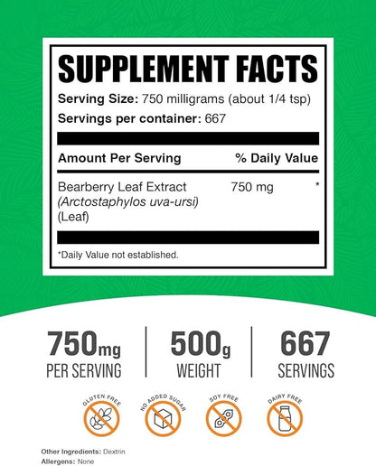 BulkSupplements.com Bearberry Leaf Extract Powder - Uva Ursi Extract, Bearberry Supplement, Bearberry Leaf Powder - Vegan & Gluten Free, 750mg per Serving, 500g (1.1 lbs) (Pack of 1)