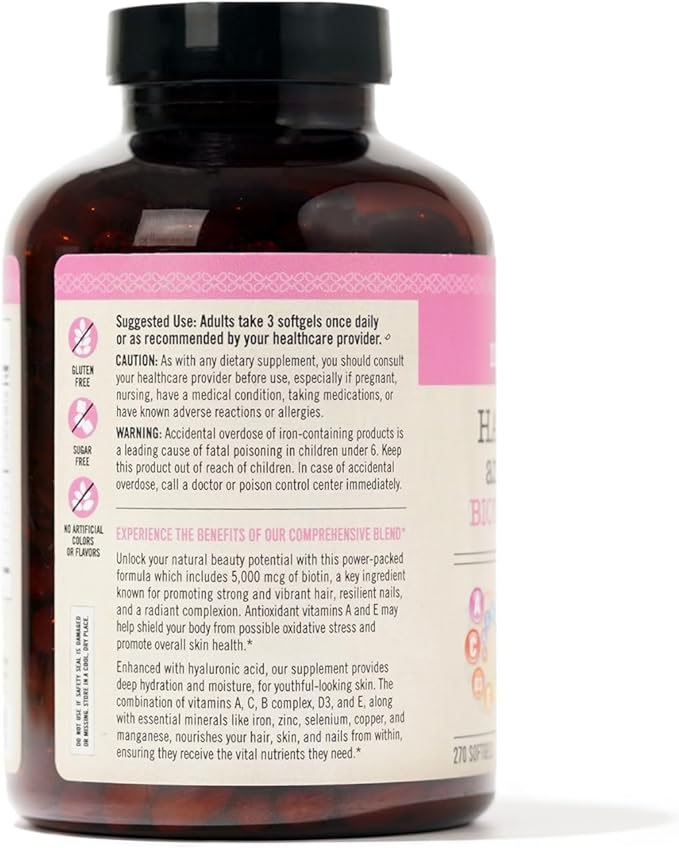 NatureWise Hair Skin and Nails Vitamin, Biotin 5000mcg w/Hyaluronic Acid, Collagen for Women with C, B Complex, D3, A, E, Iron - Non-GMO, Gluten Free - 270 Softgels[3-Month Supply]