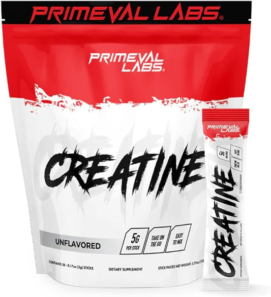 Primeval Labs Creatine Monohydrate Powder | On The Go Stick Packs | Micronized Creatine | Instantized Creatine | Creatine for Men & Women | 5g Creatine per Serving | 30 Servings, (Unflavored)