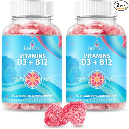 BeLive Vitamin D3 Gummies with B12 Vitamins - Immune Support Gummies with Vegan Vitamin B12 & D3, Provides Enhanced Bone & Muscle Strength, Hearth Health and Energy - Strawberry Flavor | 2-Pack