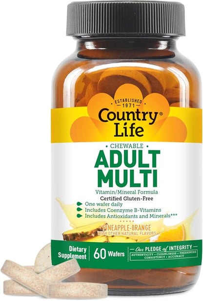Country Life Adult Chewable Multivitamin with Coenzyme B-Vitamins, Antioxidants, Minerals, Pineapple-Orange Flavor - Supports Energy Metabolism and Immune Health, Gluten Free - 60 Wafers