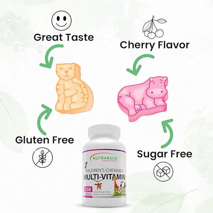 Children’s Chewable Multi-Vitamins - Promotes Overall Development - USA Made Vitamins for Kids to Support Immune System & Bones |Gluten Free Cherry Flavored 250 Tablets