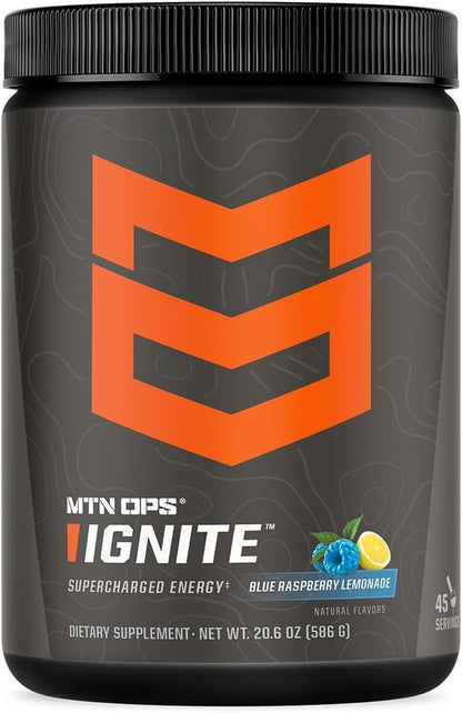 MTN OPS Ignite Energy Drink Powder, Gluten Free Nitric Oxide Supplement Drink Mix, L Arginine, L Citrulline, Caffeine & Nootropic Sugar Free Drink Mix, 45 Servings, Blue Raspberry Lemonade