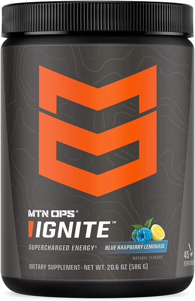 MTN OPS Ignite Energy Drink Powder, Gluten Free Nitric Oxide Supplement Drink Mix, L Arginine, L Citrulline, Caffeine & Nootropic Sugar Free Drink Mix, 45 Servings, Blue Raspberry Lemonade