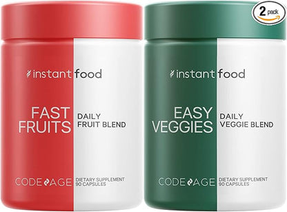Codeage Instantfood Easy Veggies + Fast Fruits Vitamins Bundle, 30+ Daily Vegetables & Fruits Powders, Whole Food Green, Fruits Multivitamin, Fibers, Vegan Superfood Minerals Supplement - 180 Capsules