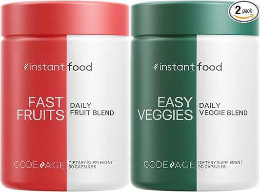 Codeage Instantfood Easy Veggies + Fast Fruits Vitamins Bundle, 30+ Daily Vegetables & Fruits Powders, Whole Food Green, Fruits Multivitamin, Fibers, Vegan Superfood Minerals Supplement - 180 Capsules