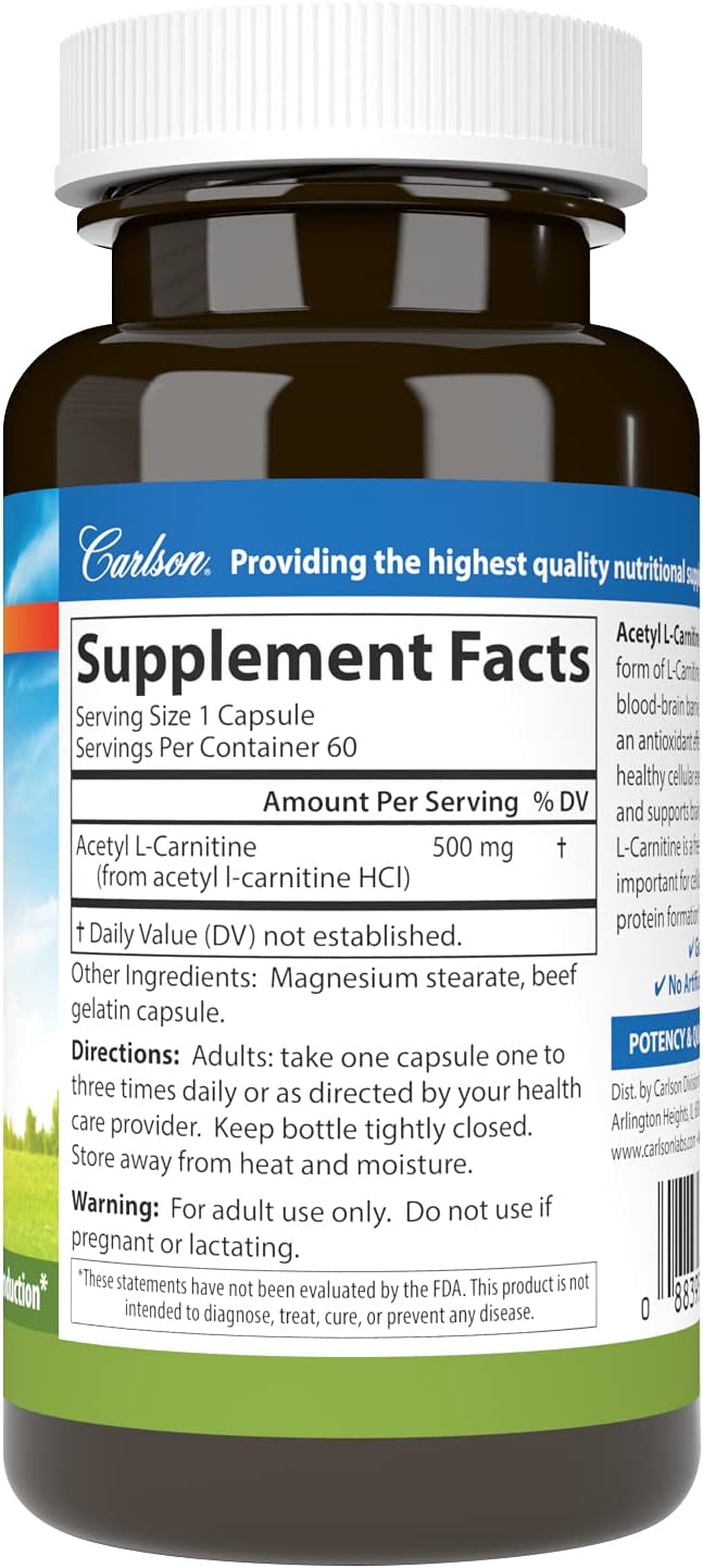 Carlson Labs Acetyl L-Carnitine, 500mg, 60 Capsules