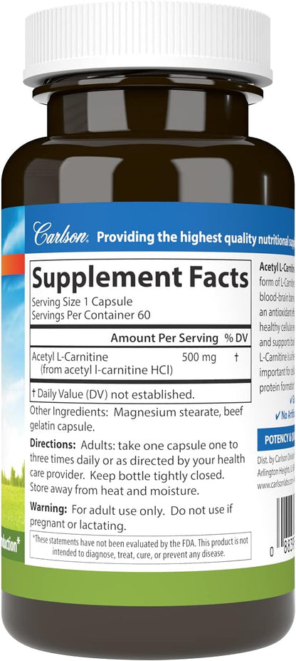 Carlson Labs Acetyl L-Carnitine, 500mg, 60 Capsules