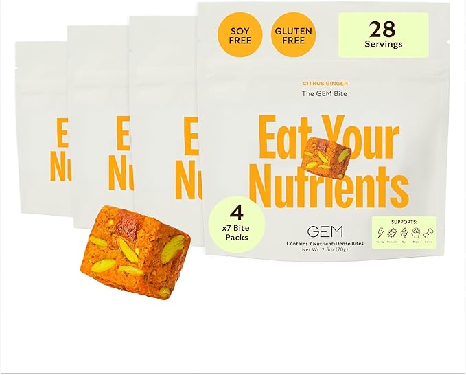 GEM Bite Daily Multivitamin for Women & Men | Citrus Ginger | Supports Gut, Skin, Brain, Bone, & Immunity | 20+ Vitamins & Minerals | 28 Serving