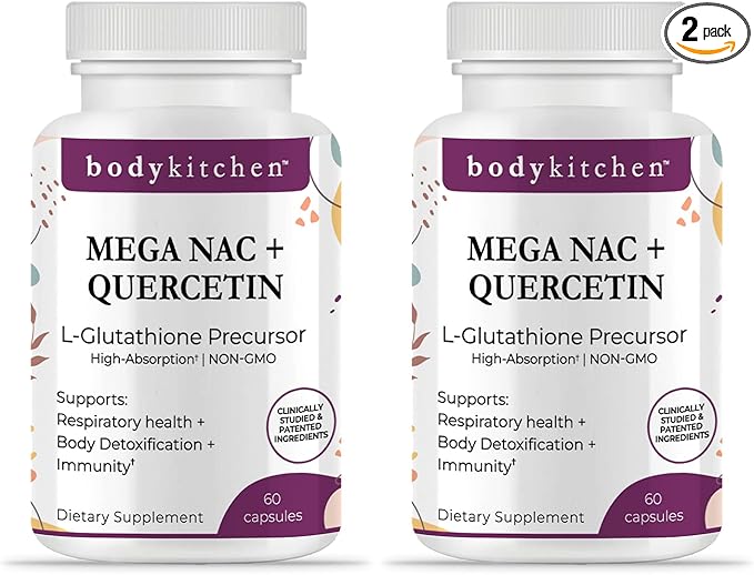 Body Kitchen Mega NAC (N-Acetyl Cysteine) 600 mg with Quercetin, Supports Respiratory Health and Immune Function and Promotes Liver and Kidney Detox, Veggie Caps, (Pack of 2)