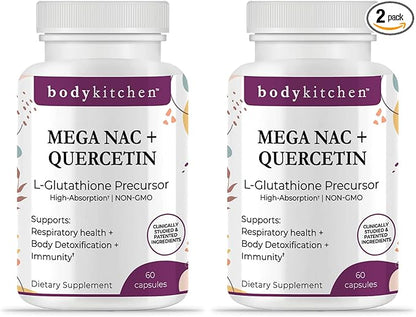 Body Kitchen Mega NAC (N-Acetyl Cysteine) 600 mg with Quercetin, Supports Respiratory Health and Immune Function and Promotes Liver and Kidney Detox, Veggie Caps, (Pack of 2)