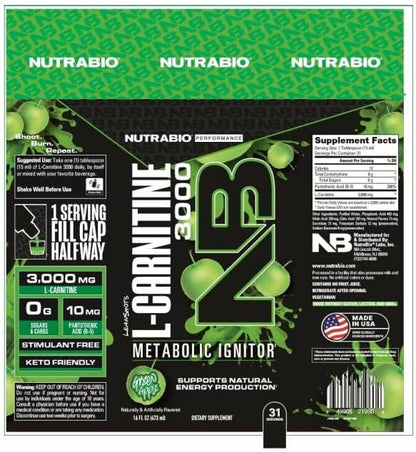 NutraBio – L-Carnitine Liquid Shots – 3000mg, (Green Apple) – 10mg of Vitamin B-5 – Zero Carbs & Sugars – Energy Production – Muscle Recovery