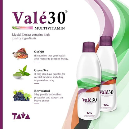 TAVA Liquid Vitamins, Valé30® a Liquid Multivitamin for Men, Women, and The Whole Family, Energy Supplements for 30 Days with Vitamin A and Vitamin B Complex - The Perfect Boost Drink for Everyone.