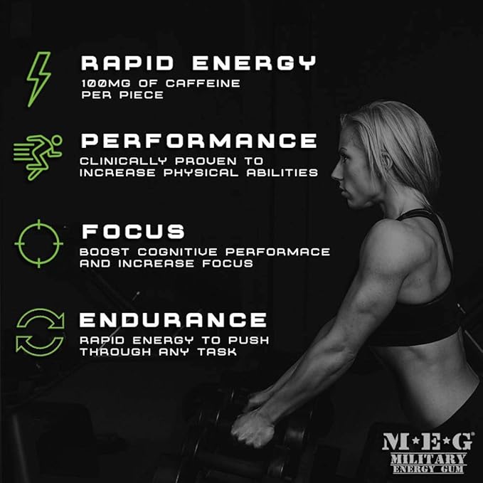 MEG - Military Energy Gum | 100mg of Caffeine Per Piece + Increase Energy + Boost Physical Performance + Multi Flavors of Arctic Mint , Spearmint, & Cinnamon + 8 Packs (40 Count)