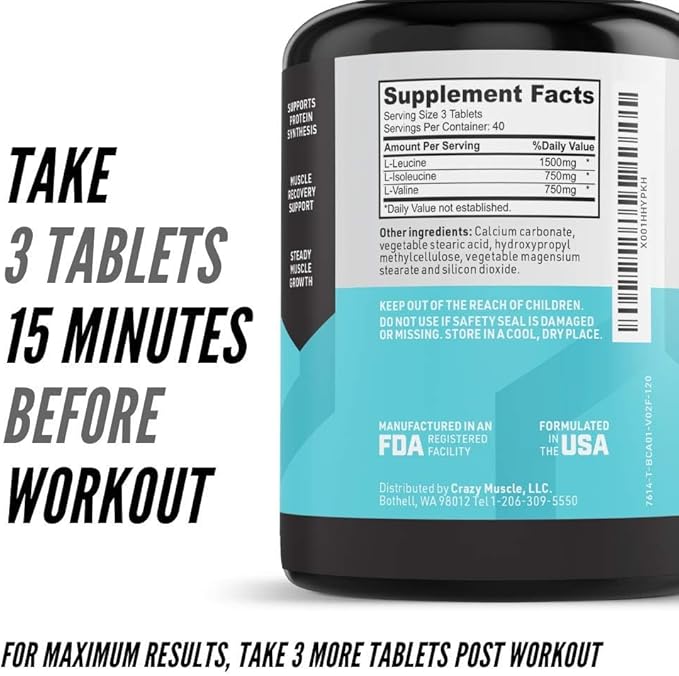Crazy Muscle BCAA Pills with The Perfect 2:1:1 Ratio of Branched Chain Amino Acids Supplement - 1000mg of BCAAs per Pill (Better Than Capsules) 120 Tablets