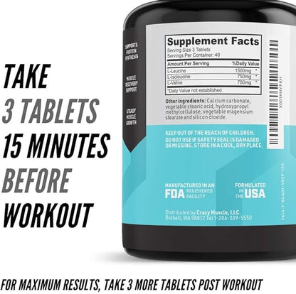 Crazy Muscle BCAA Pills with The Perfect 2:1:1 Ratio of Branched Chain Amino Acids Supplement - 1000mg of BCAAs per Pill (Better Than Capsules) 120 Tablets