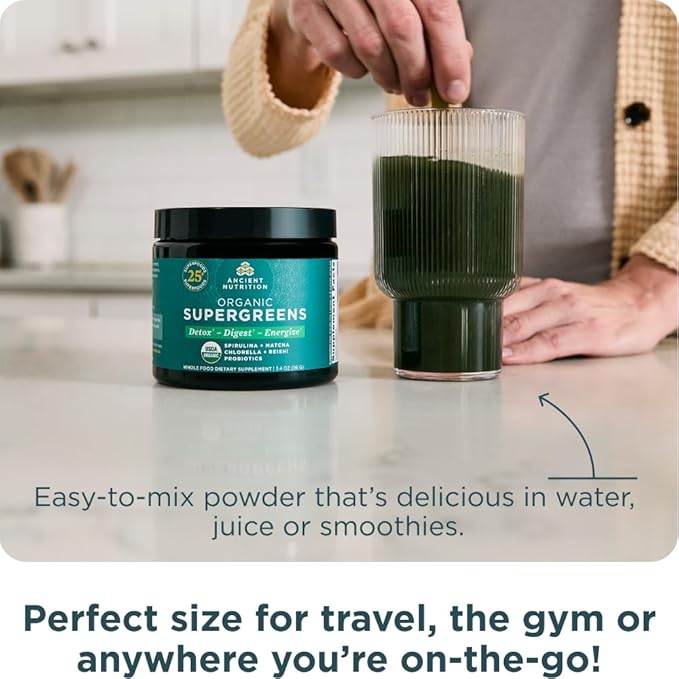 Ancient Nutrition Organic SuperGreens Powder with Probiotics, Organic Greens Flavor Greens, Made from Real Fruits, Vegetables and Herbs, Digestive and Energy Support, 12 Servings, 3.4oz