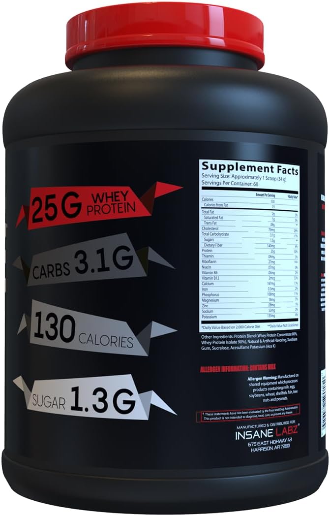 Insane Labz Insane Whey,100% Muscle Building Whey Protein, Post Workout, BCAA Amino Profile, Mass Gainer, Meal Replacement, 5lbs, 60 Srvgs, (Birthday Cake)