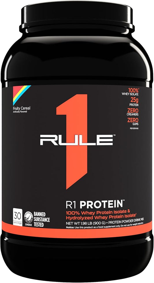 Rule One Proteins R1 Protein - 25g Fast-Acting, Super-Pure 100% Isolate and Hydrolysate Protein Powder with 6g BCAAs (2 Pounds*, Fruity Cereal)