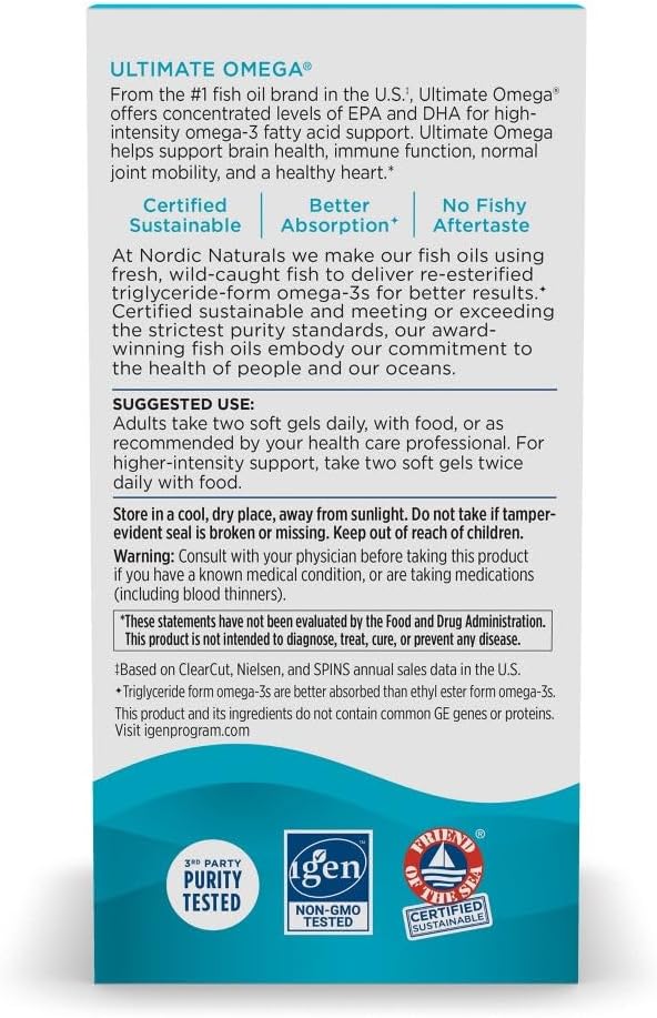 Nordic Naturals Ultimate Omega, Lemon Flavor - 120 Soft Gels - 1280 mg Omega-3 - High-Potency Omega-3 Fish Oil Supplement with EPA & DHA - Promotes Brain & Heart Health - Non-GMO - 60 Servings