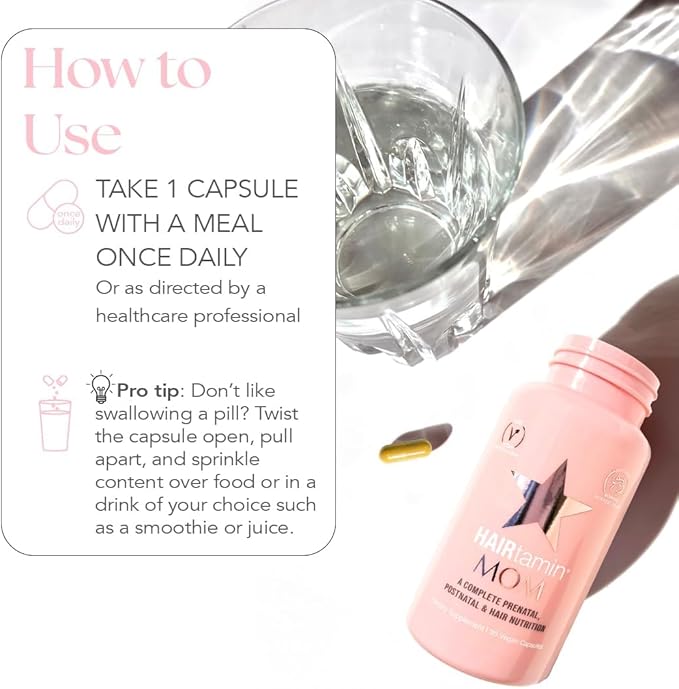 HAIRtamin MOM Vegan Prenatal & Postnatal Multivitamin Supplement & Hair Vitamin Pregnancy, Postpartum, Breastfeeding Probiotic One-a-Day Hair Vitamins with Biotin, Zinc, Iron (30 Counts)