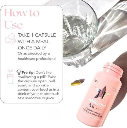 HAIRtamin MOM Vegan Prenatal & Postnatal Multivitamin Supplement & Hair Vitamin Pregnancy, Postpartum, Breastfeeding Probiotic One-a-Day Hair Vitamins with Biotin, Zinc, Iron (30 Counts)