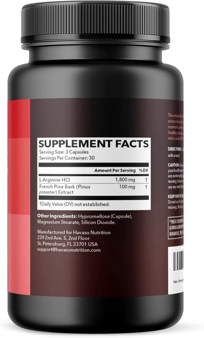 L Arginine Pine Bark Extract Capsules - Potent 2X Formula Nitric Oxide Supplement for Men with 1800mg LArginine and 100mg French Pine Bark - Endurance Performance Recovery - 90 Count 1-Month Supply