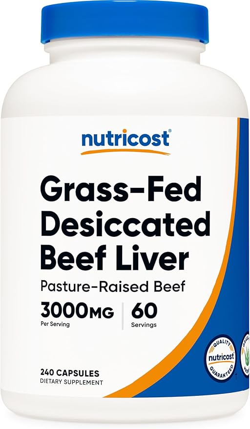 Nutricost Grass Fed Desiccated Beef Liver Capsules 3000mg (750mg Per Cap) - No Hormones, Non-GMO, Gluten Free, Pasture-Raised, Free Range Beef (240 Count (Pack of 1))