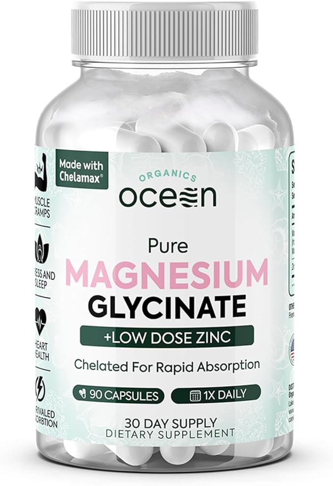 Pure Magnesium Glycinate with Zinc - Maximum Strength Chelated Magnesium Supplement for Women and Men for Muscle Cramps and Sleep Support - 90 Capsules