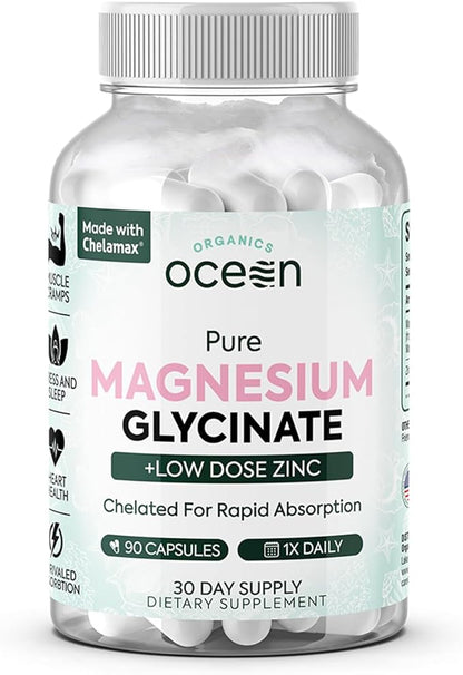 Pure Magnesium Glycinate with Zinc - Maximum Strength Chelated Magnesium Supplement for Women and Men for Muscle Cramps and Sleep Support - 90 Capsules