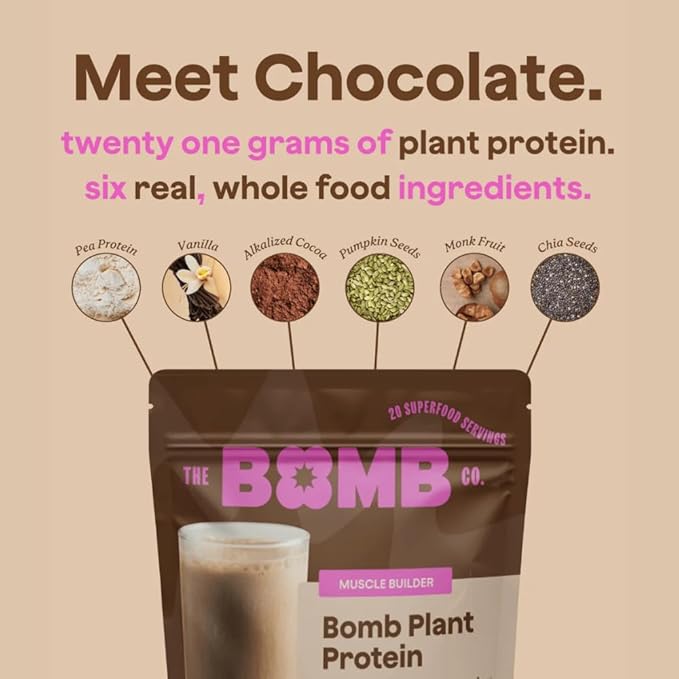 The Bomb Co. Bomb Plant Protein, Protein Powder with 21g Protein, Amino Acids, Zero Sugar, Pea Protein, Cocoa, Chia Seeds, Pumpkin Seeds, Vanilla & Monk Fruit, Gluten Free, Chocolate Flavor, 20 Srvgs