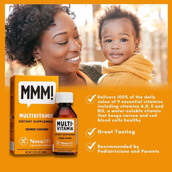 NovaFerrum MMM | Multivitamin for Kids, Infants and Toddlers | Vitamin C, D3, E | Gluten Free Certified | Sugar Free | No Artificial Colors | Ages 4 & Under | Orange Flavored | 2 Fl Oz (50 mL)
