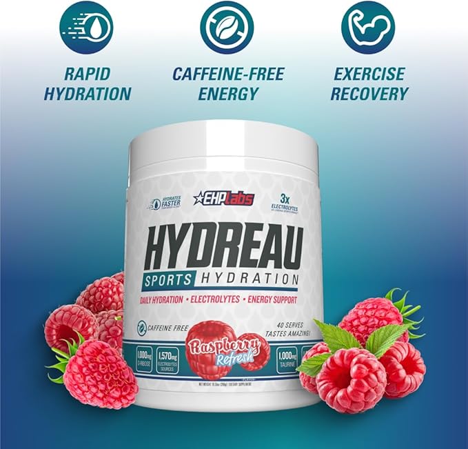EHP Labs Hydreau Electrolytes Powder No Sugar - Hydration Powder for Endurance & Energy - Electrolyte Powder for Men & Women - Sugar Free Electrolytes - Raspberry Refresh (40 Serves)