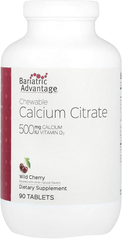 Bariatric Advantage Calcium Citrate Chewable 500mg with Vitamin D3 for Bariatric Surgery Patients Including Gastric Bypass and Sleeve Gastrectomy, Low Sugar - Wild Cherry Flavor, 90 Count