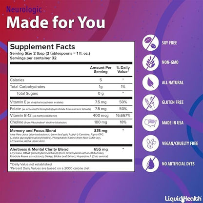 LIQUIDHEALTH 32 Oz Liquid Neurologic Focus Supplement, Nootropic for Cognitive Function, Brain Supplement for Memory & Focus, Brain Booster, Ginkgo Biloba, Choline, L-Theanine & Phosphatidylserine