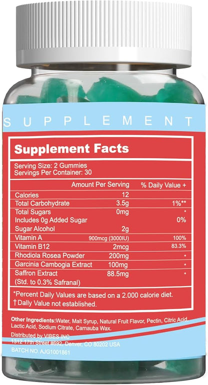 Saffron Supplements Gummies, Saffron Extract for Positive Mood & Calm Nerve, Boost Energy, with Garcinia Cambogia, Vitamin A, B12, Rhodiola Rosea - 120 Gummies