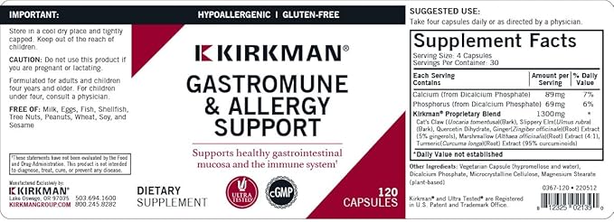 Kirkman Gastromune Allergy Support - Hypoallergenic-120 Vegetarian Capsules Gluten/Casein Free