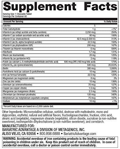 Bariatric Advantage Chewable High ADEK with Iron - for Bariatric Patients - High Potency Vitamin A, D, E & K - Includes B-Vitamins - Chewable Multivitamins - Tropical Fruit - 60 Tablets