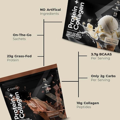 Protein + Collagen Powder | 23g Protein (Grass-Fed Whey + Collagen) | 3.7g BCAAs | Supports Muscle & Joint Health | Gluten & Soy Free | No Artificial Ingredients | 15 Sachets - Chocolate