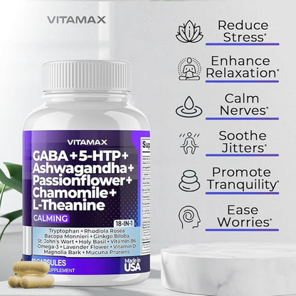 GABA 500mg 5 HTP 150mg Ginkgo Biloba L Tryptophan 500mg L Theanine 200mg Ashwagandha 2000mg - Calming Vitamins for Men and Women with - Made in USA - 120ct