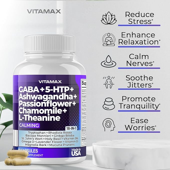 GABA 500mg 5 HTP 150mg Ginkgo Biloba L Tryptophan 500mg L Theanine 200mg Ashwagandha 2000mg - Calming Vitamins for Men and Women with - Made in USA (60 Count (Pack of 1))