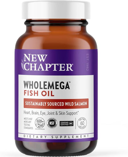 New Chapter Wholemega Fish Oil Supplement - Wild Alaskan Salmon Oil with Omega-3 + Vitamin D3 + Astaxanthin + Sustainably Caught - 60 ct, 1000mg Softgels