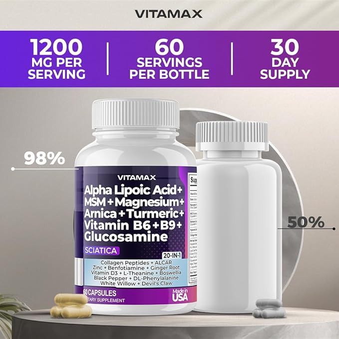 Sciatica Nerve Health Support - Sciatic Nerve Supplement Capsules with Folic Acid, Pea, Glucosamine, MSM, Vitamin B Complex, Alpha Lipoic Acid 300mg - Made in USA (60 Count (Pack of 2))