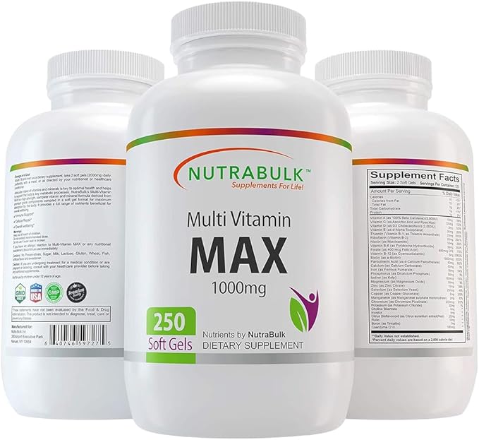 Multi-Vitamin MAX Well Absorbed Soft Gels - Potentially Supports Overall Wellbeing & Immune, Boosts Energy & Metabolism - Complete Daily Nutrition- 1000mg 250 Soft Gels