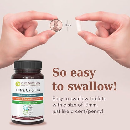 Pure Nutrition Ultra Calcium Citrate Malate | 1000mg Highly absorbable Calcium Supplement with Calcium Citrate Malate, Vitamin D3, Magnesium and Zinc | Non-GMO | Gluten-Free | 180 Veg Tabs